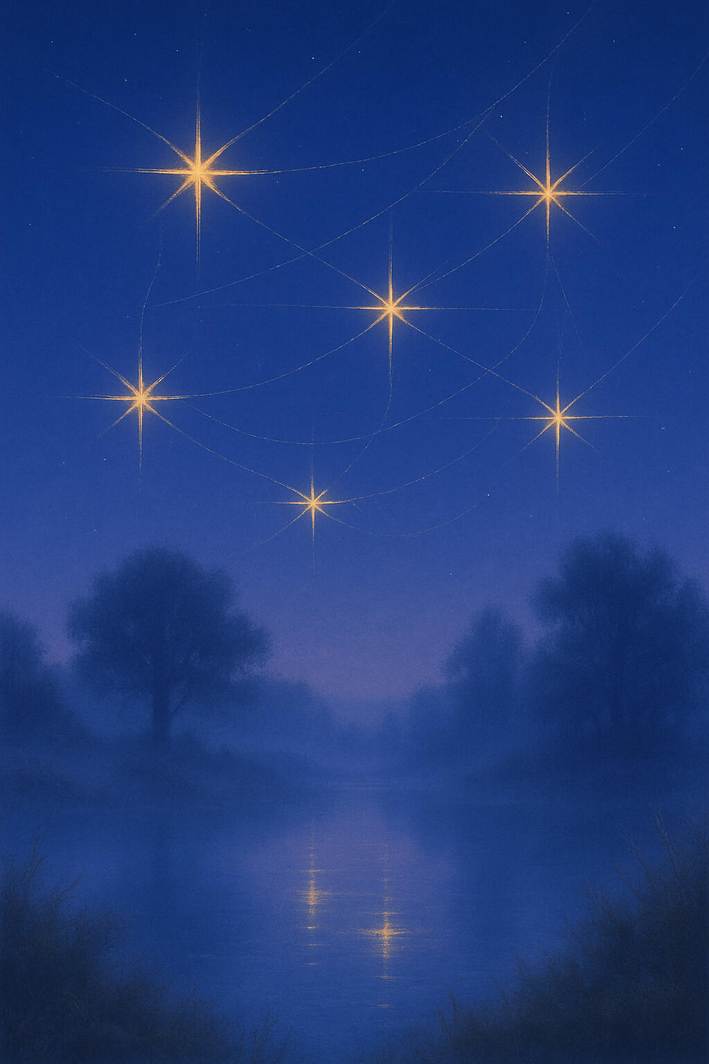 Twilight landscape with six faintly glowing stars connected by luminous threads above a misty river and silhouetted trees — evoking enchantment, unseen connection, and threshold vision.
